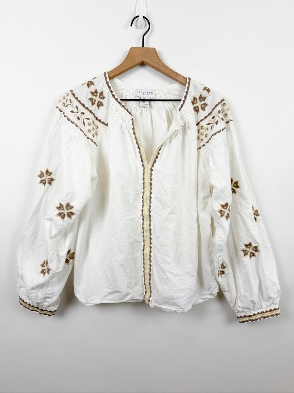 Calypso St Barth Cotton & Flax Embroidered Peasant Blouse